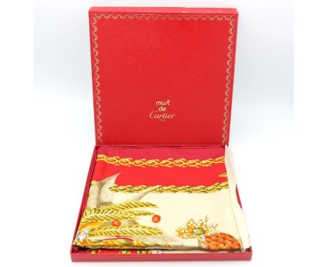 From the Collection of Catherine Leaney, "Voice of Cartier": A must de Cartier silk scarf with box &amp; booklet, good condit