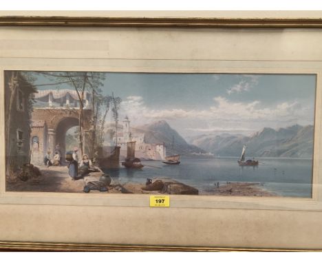 A framed lithograph. European lake scene. 9¼' x 23½'