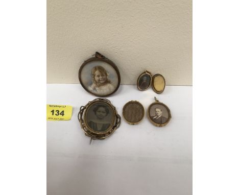 A portrait miniature of a young girl, a yellow metal locket enclosing an image of a military gentleman, a photographic miniat