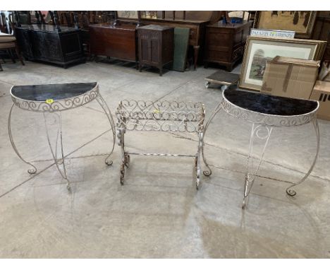 A pair of wrought iron demi-lune console tables and a plant stand (3)
