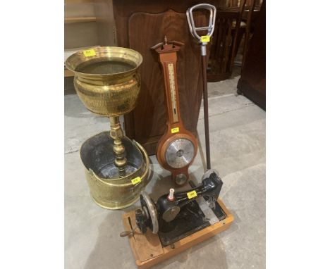 A brass coal bucket; jardiniere stand; a shooting stick; a Singer sewing machine and an aneroid barometer (5)