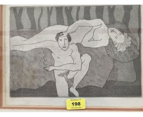 A framed aquatint in the manner of David Hockney. 7½' x 11½'