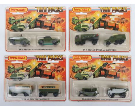 Four Matchbox Superfast Military Twin Packs, TP-13 Military Scout Car and Armoured Car,TP-14 Military Tanker and Radar Truck,