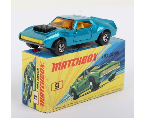 Matchbox Superfast 9b AMX Javelin with LIGHT BLUE body, OPENING doors & 5-Spoke wheels, Yellow interior, model has mint paint