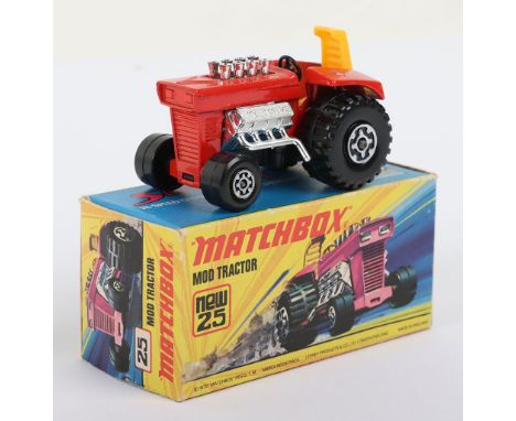 Matchbox Superfast 25b Mod Tractor with RED body, Maltese Cross Front &amp; Rear wheels, model is mint in a near mint I box w