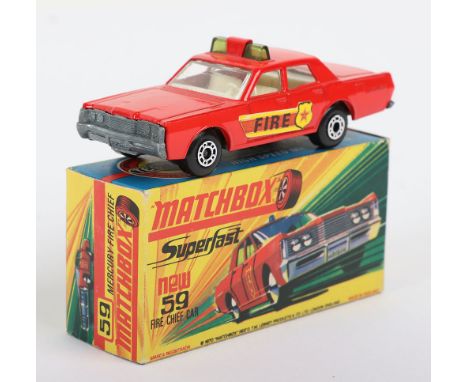 Matchbox Superfast 59b Fire Chief with scarcer GREEN roof Lights and FIRE/SHIELD labels, model is near mint with one small ma