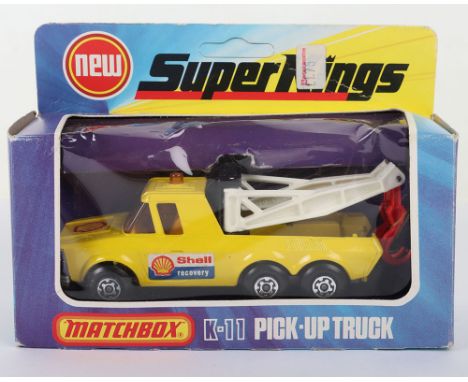 Matchbox Superkings K11 Pick-Up Truck, yellow body with SHELL RECOVERY labels, model is near mint to mint in a near mint box 