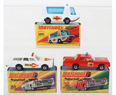3x Matchbox Superfast 1970's boxed models Emergency Vehicles including 46b Stretcha Fetcha, 55b Mercury Police Commuter and 5