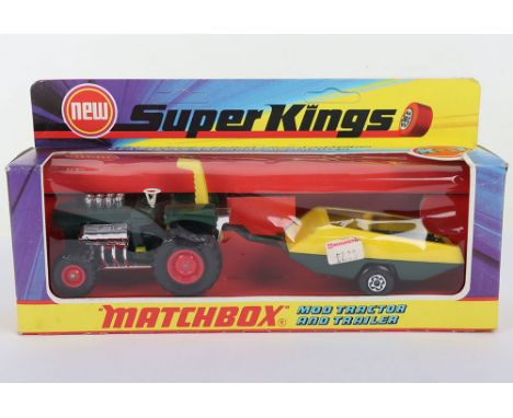 Matchbox Superkings K3 Mod Tractor & Trailer, Mod Tractor with rarer GREEN body, matching green trailer with yellow plastic t