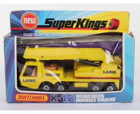 Matchbox Superkings K12 Hercules Mobile Crane, yellow body with LAING labels, yellow &amp; black crane arm, model is near min