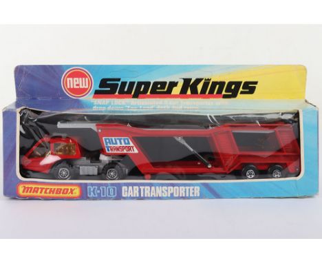 Matchbox Superkings K10 Car Transporter, red body with Auto Transport labels, model is near mint to mint in a near mint box w