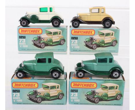4x Variations of Matchbox Superfast 73c Model A Ford, 1) Cream body with Spare wheel and DARK Green glass ... 2) DARK Green b