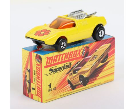 Matchbox Superfast 1b Mod Rod with FLOWER label (usually Cat label), model is mint in a mint H box with 1 MOD ROD to faces