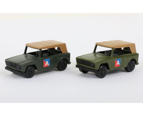 2x variations Matchbox Superfast 18a Field Car MILITARY including 1) RARE DARK DRAB body with SMALL 5-SPOKE BLACK wheels and 