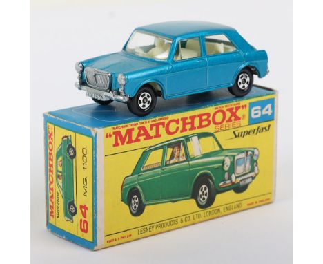 Matchbox Superfast 64a MG 1100 with light blue body, model is mint in a very near mint to mint F box