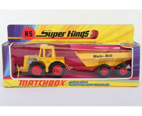 Matchbox Superkings K5 Muir Hill Tractor & Trailer, yellow bodies with Muir Hill labels, models near mint to mint in a near m