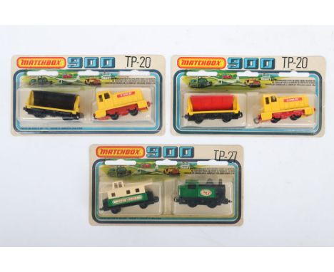 Three Matchbox Superfast Twin Packs, TP-20 MB-24c Shunter and side tipping trailer, with red hopper, TP-20 MB-24c Shunter and