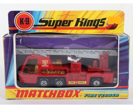Matchbox Superkings K9 Fire Tender, red body with DENVER and FIRE DEPT labels, silver ladder arm, model is near mint to mint 