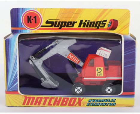 Matchbox Superkings K1 Hydraulic Excavator, red body with 0 & K labels, silver crane arm with MH6 labels, model is near mint 