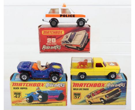 3x Matchbox Superfast 1970's boxed Rola-Matics models including 20b Police Patrol, 47b Beach Hopper and 57c Wildlife Truck, m