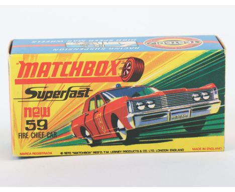 Matchbox Superfast Original empty box 59b Fire Chief Car, in mint condition, variation WITH NEW to faces