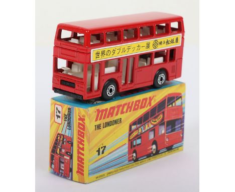 Matchbox Superfast 17c Londoner Bus with scarce JAPANESE labels, Black Textured ENGLAND base, model is mint in a mint I box W