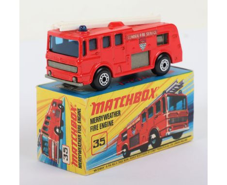Matchbox Superfast 35a Merryweather Fire Engine with GOLD base & 5-ARCH wheels, LIGHT red body & Wide wheels, model is very n