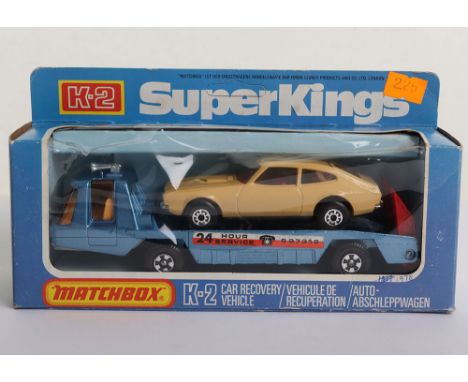 Matchbox Superkings K2 Car Recovery Vehicle, Truck with blue body and 24 hour service labels, Capri with beige body, models n