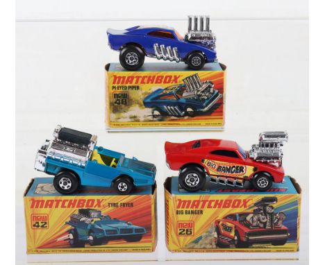 3x Matchbox Superfast 1970's boxed models including 26b Big Banger, 42b Tyre Fryer and 48b Pi-Eyed Piper, models are near min