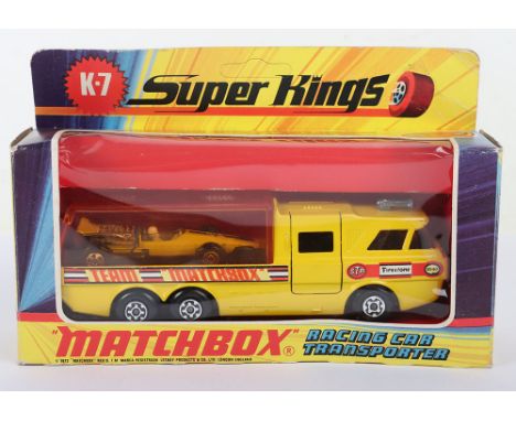 Matchbox Superkings K7 Racing Car Transporter, Transporter with yellow body and Team Matchbox labels, Car with yellow body an