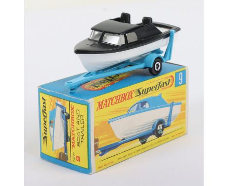 Matchbox Superfast 9a Boat & Trailer with rare BLACK deck, LIGHT Blue trailer with CENTRE-CUT wheels, model is mint in a mint
