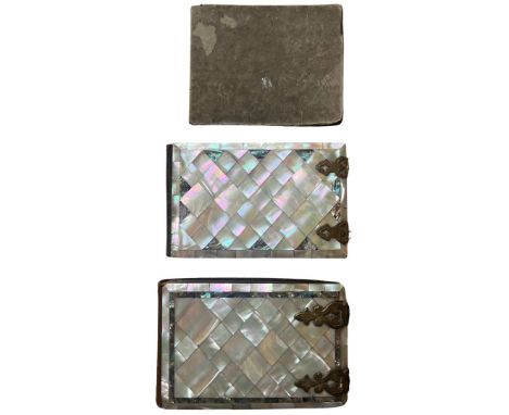PHOTOGRAPHY Two 19th Century mother of pearl fronted photo albums with ornamental clasps alongside a 1920s photographic trave