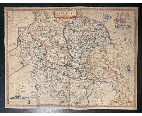 Speede (John): Map of Yorkshire, hand coloured, also scales, coat of arms and cartouche, trimmed close but 4 margins; strengt
