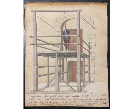 Luddism. A manuscript album featuring an illustration of someone being hanged at the gallows, ink &amp; watercolour, inscribe
