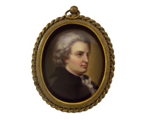 Continental hand painted oval porcelain portrait of Schubert, within a gilded rope twist frame, the porcelain 2.5" x 2"