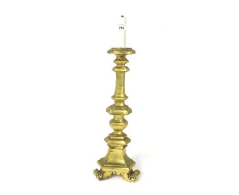 Carved giltwood and gesso table lamp in the form of an ecclesiastical candlestick, 25" high