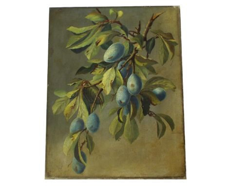19th century school - still life of plums on a branch, monogrammed KR, oil on canvas, 18" x 14", unframed