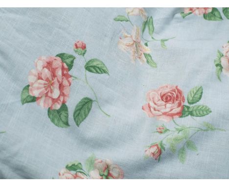 Collection of good quality Jane Churchill curtains decorated with pink roses upon a sky blue ground