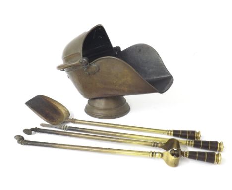 Set of three brass fire tools with interesting brass banded handles; together with a copper coal scuttle (4)
