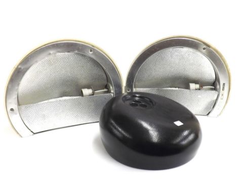 Pair of Art Deco style cast sheet metal cream uplighters, 15" long; together with a black cast metal 'Snoopi' lamp shade (3)
