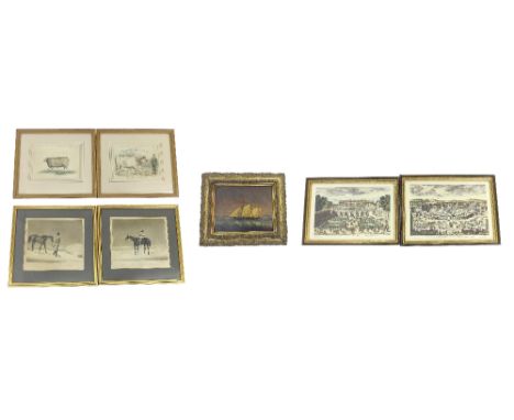 Primitive School - study of an American schooner, indistinctly signed, oil on board, 7" x 8.5", framed, 19th century school -