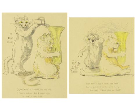 After Louis Wain (1860-1939) - 'A New Tune', pair of comical cat studies above text, colour print, 9" x 6.5" and 7.75" x 6.5"