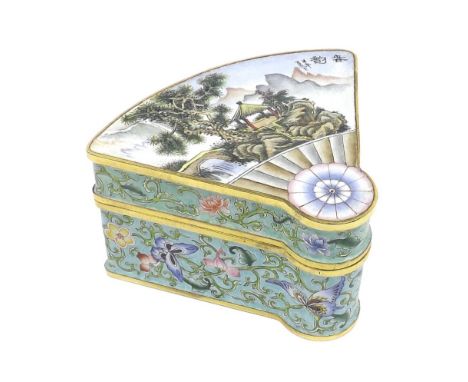 Canton enamel fan shaped trinket box decorated with a pagoda landscape, 2.25" wide