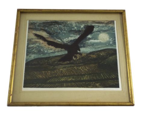 David Inshaw (born 1945) - study of a crow in flight over rolling hillsides, signed and dated 1992, artist proof, colour prin