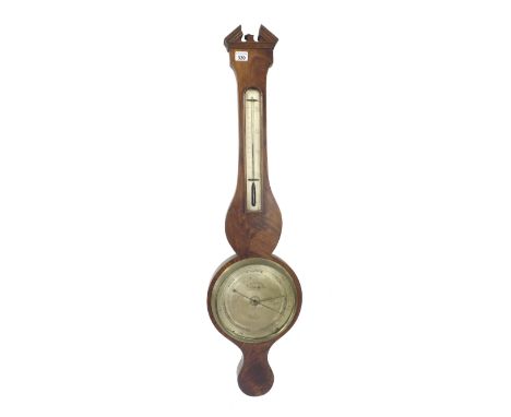 Good flame mahogany banjo aneroid barometer/thermometer by Pozzi & Co, 38.5" long