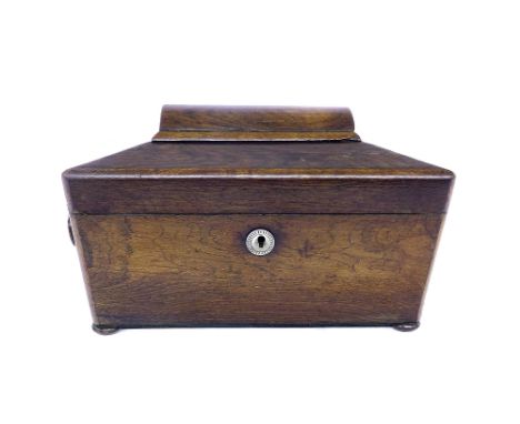 Victorian rosewood sarcophagus tea caddy, the hinged lid enclosing two hinged lidded boxes, applied with twin knob handles up