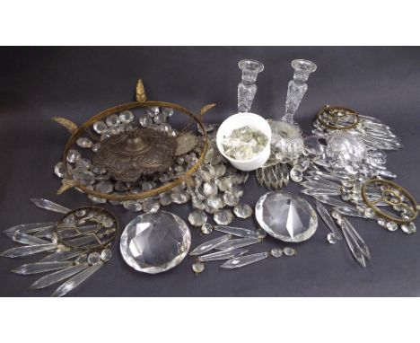 Collection of various glass lustre drops for candlesticks (all complete); together with a  prismatic drop ceiling light (see 