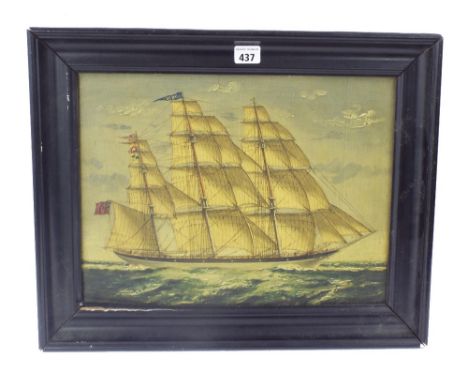 Marine School - study of a three mast sailing ship, unsigned, textured print/oleograph, 12" x 15.5", framed