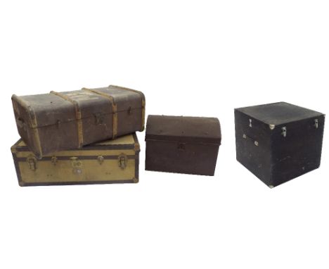 Canvas and metal bound travelling ship's trunk, 36" wide; together with a leather and oak bound trunk, cast metal domed chest