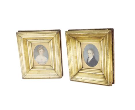 English School (19th century) - portrait miniature of a lady, bust length wearing a white dress and blue shawl, also a compan